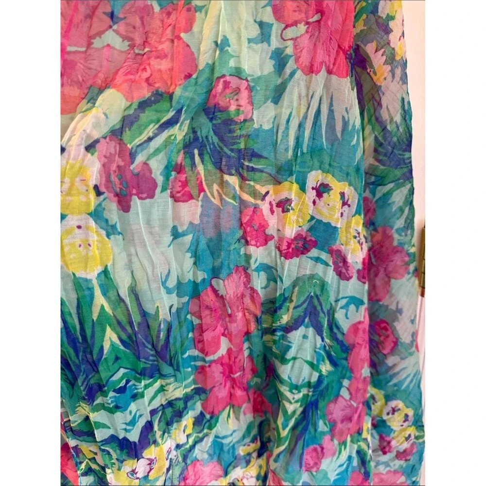 Tropical Floral Sheer Scarf Wrap Sarong Pareo - Teal, Pink, Yellow Colorful
